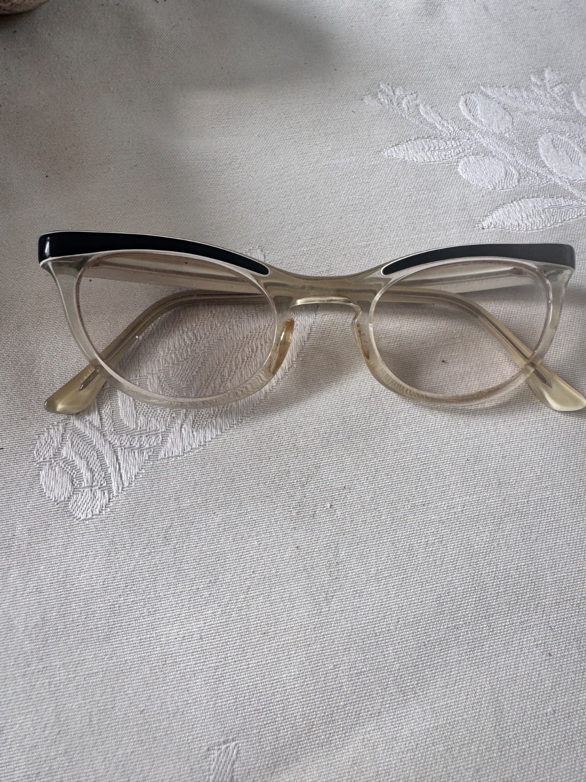 Vintage Shuron Cat Eye Glasses Frames 5 1/2 Clear and Black With White Accent