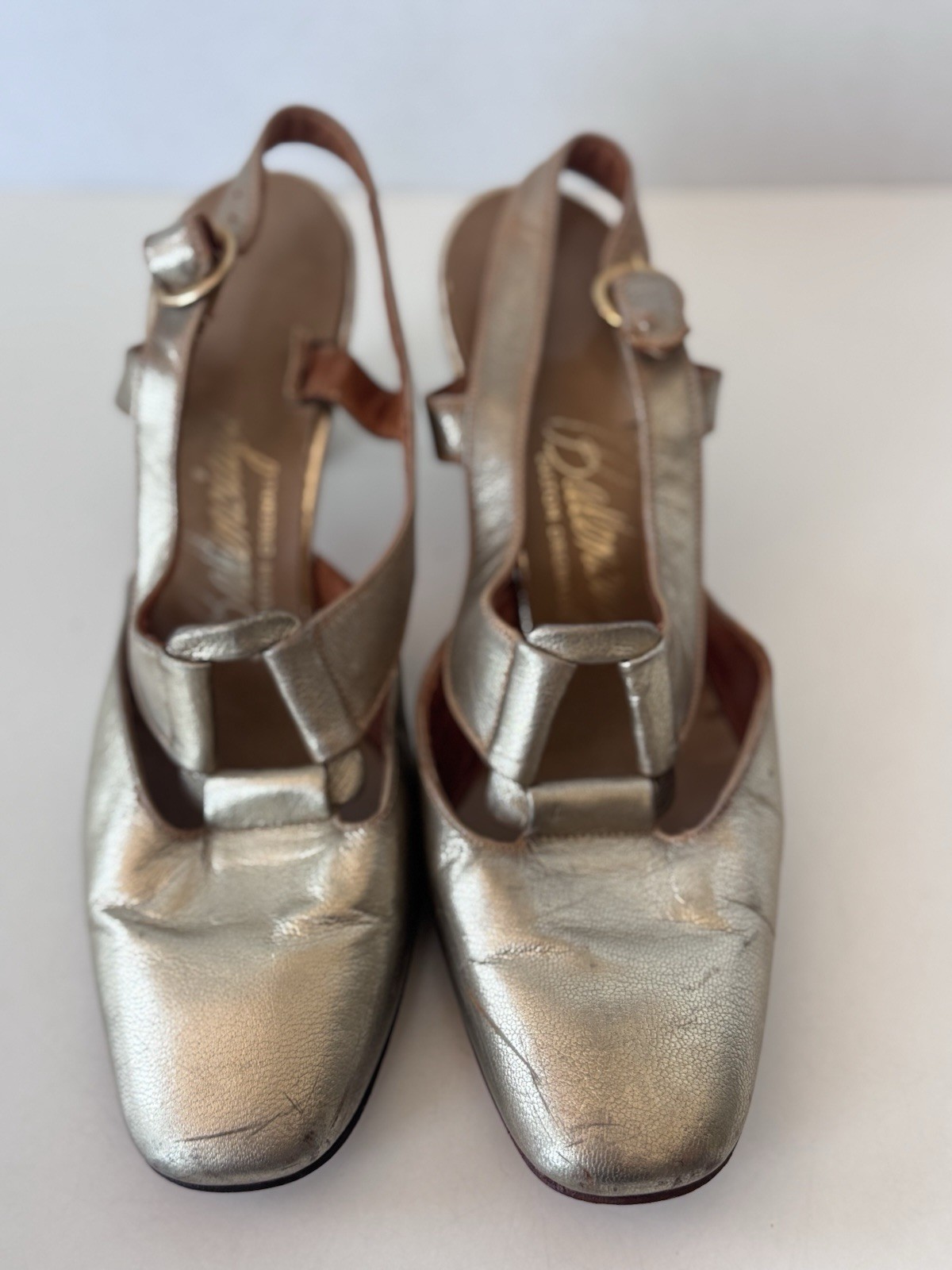 Vintage 60s 70s Balenciaga Gold Metallic Strappy Leather Slingback Heels Shoes