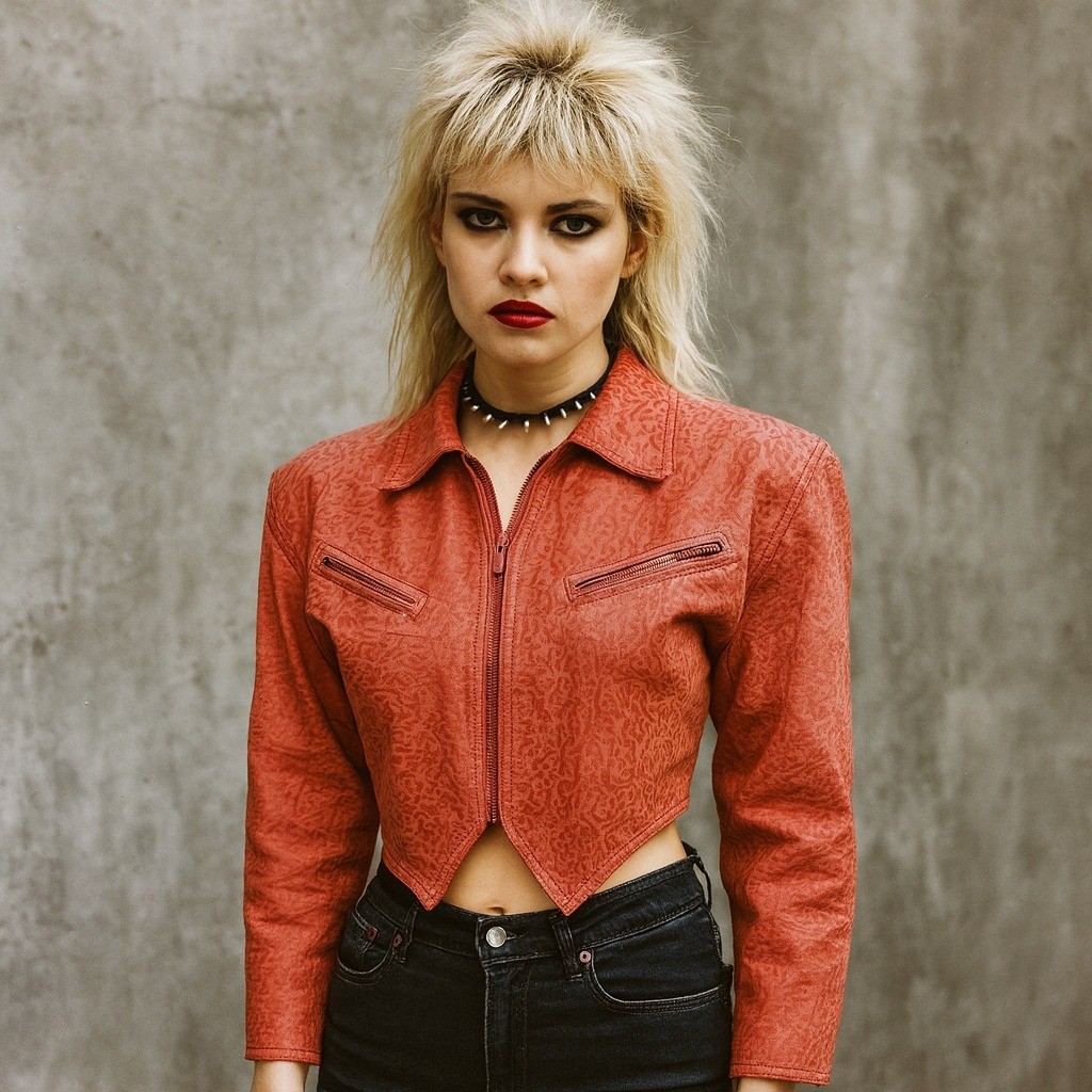 VTG Tip Top California Cropped Red Embossed Leather Jacket 80s Korea S