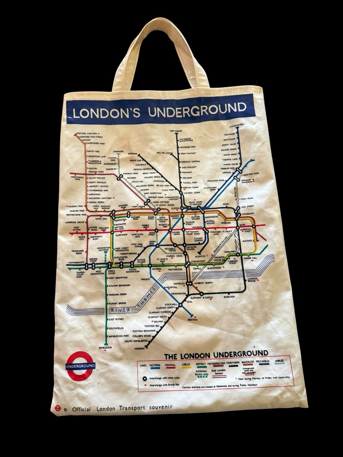 Vintage 70’s London Underground Map Tubes Rail Tote Bag 14×19 PVC Coated Cotton