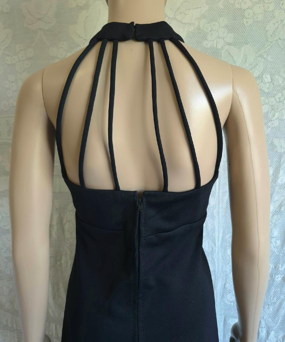 BOHO MODERN Vintage 70s LBD Halter Neck Cage Back Empire Waist MAXI DRESS – S/M