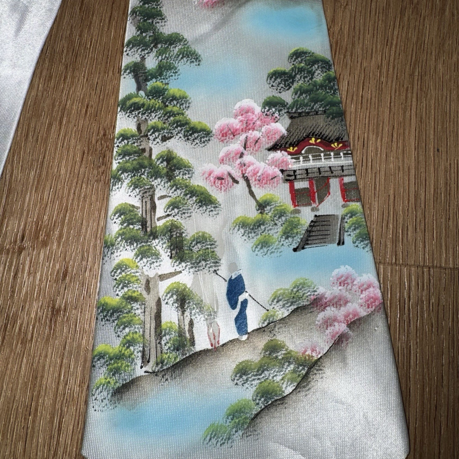 Vtg 40s 50s Hand Painted Tie Made in Japan Mount Fuji Souvenir Mens Silk Floppy