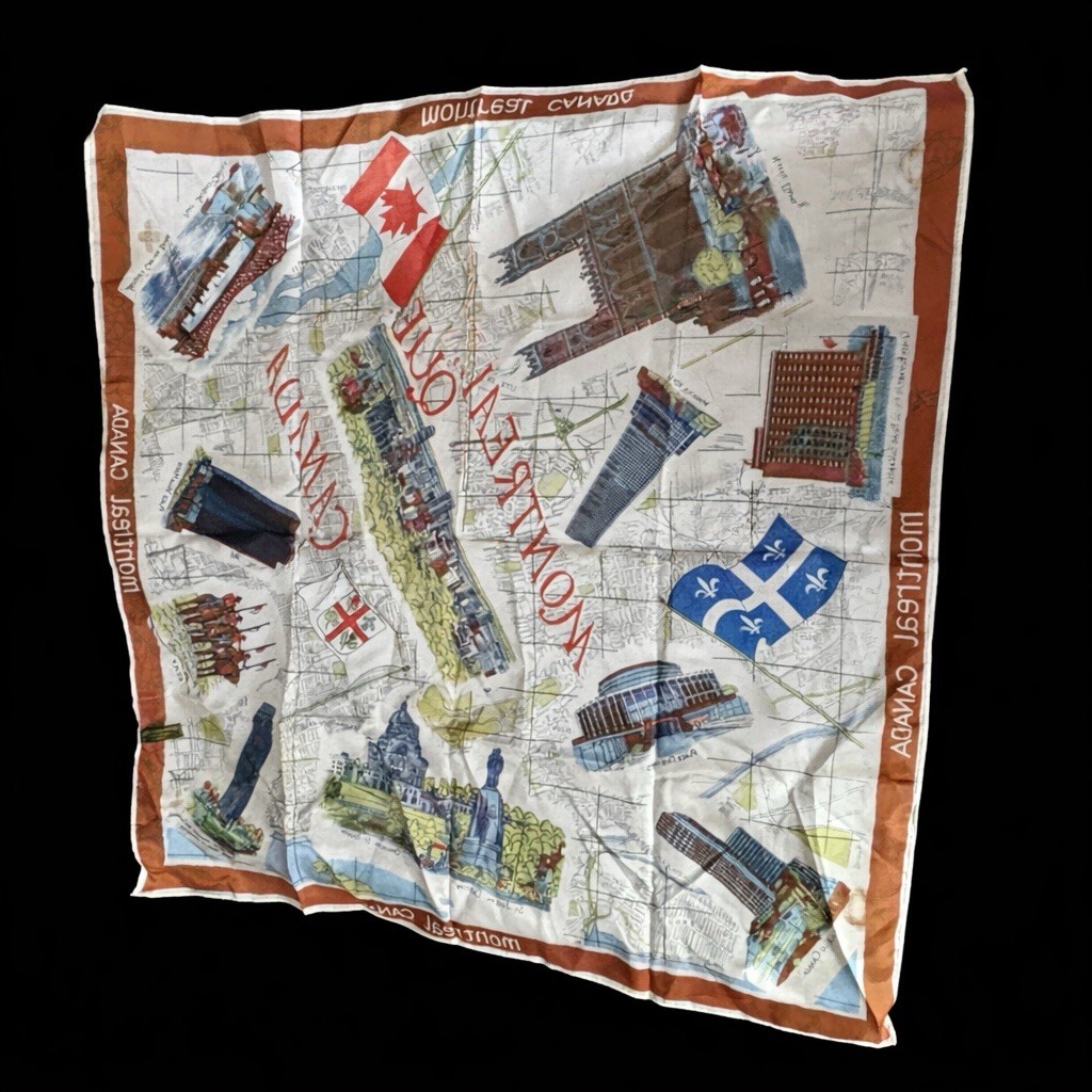 Vintage Montreal Map Scarf Japan Acetate Twill 70s Retro Travel Landmarks 25 In