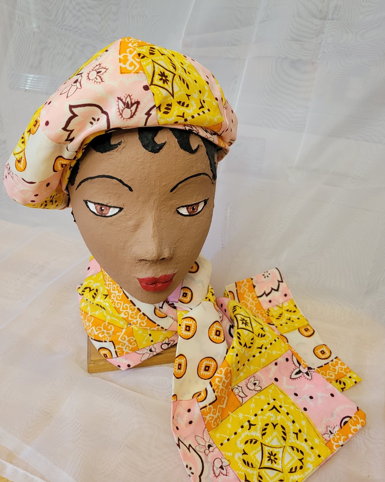 Groovy Hankie Patterned Beret and Scarf, Union Made, Pink Yellow Orange, Small