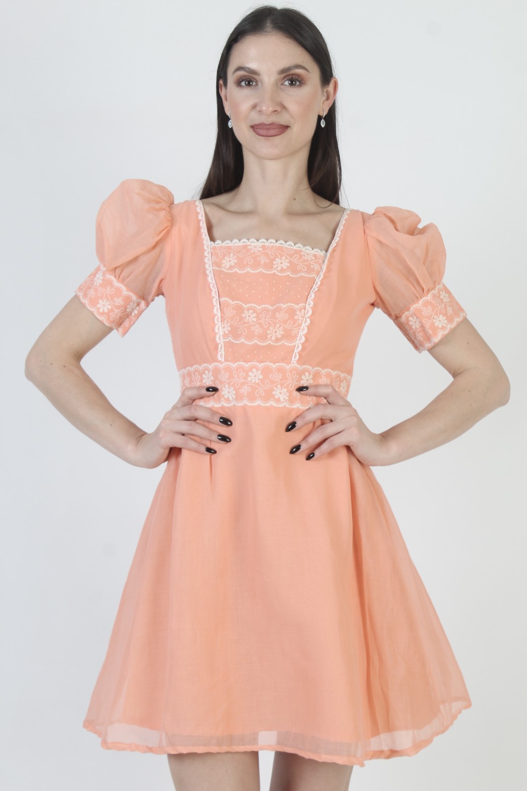 Vtg Peach Swiss Dot Dress High waist Boho Puff Slv Prairie Peasant Mini Skirt
