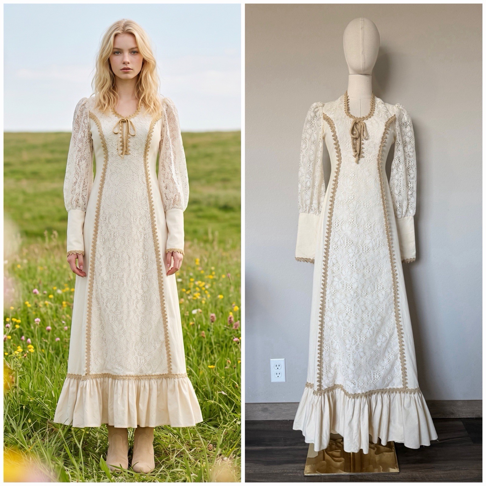 Vintage 1970s Prairie CottageCore Boho Hippy Maxi Dress Cream Sz 5/6