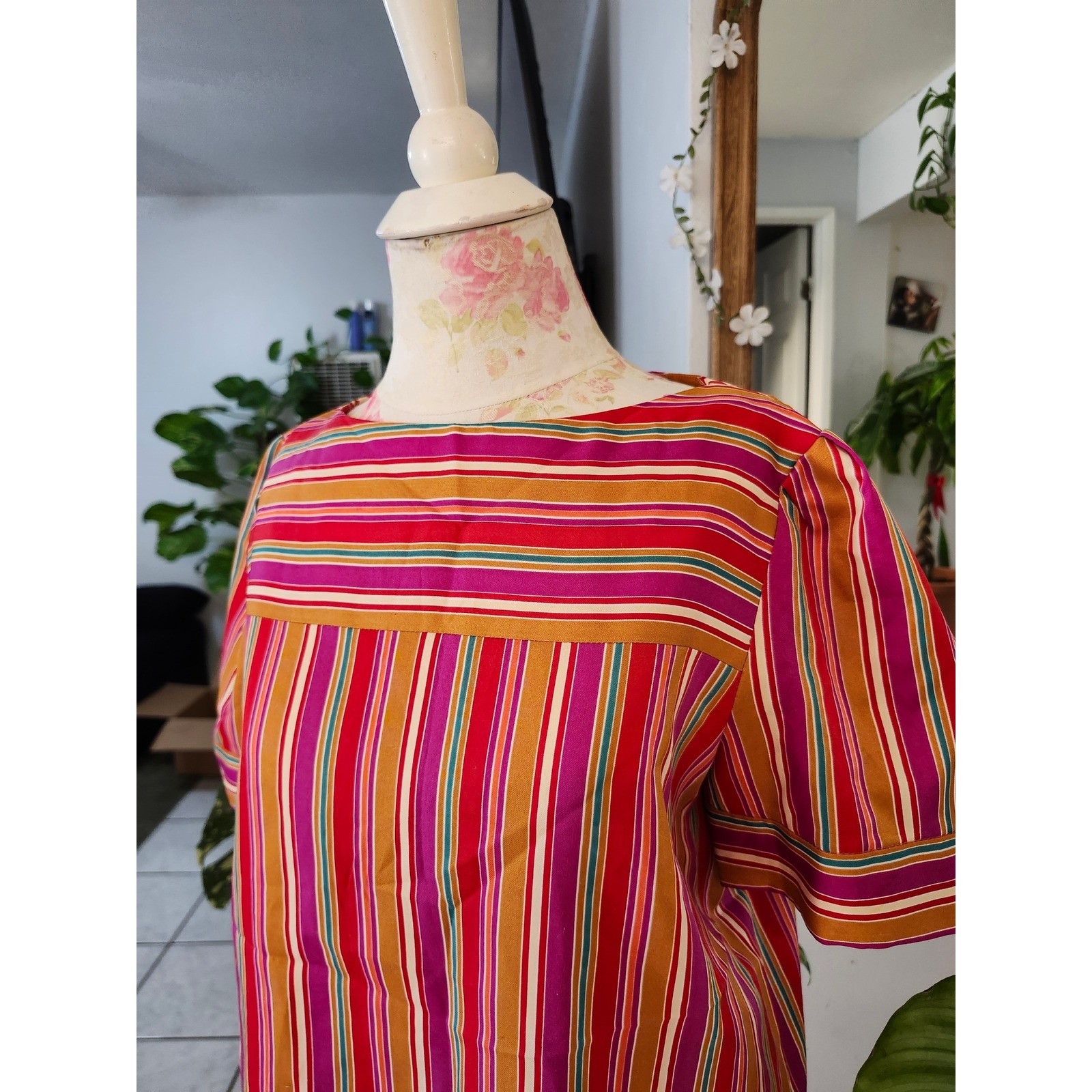 Vintage Yves Jennet Multicolor Stripe Blouse S/M Retro Colorful Statement Top
