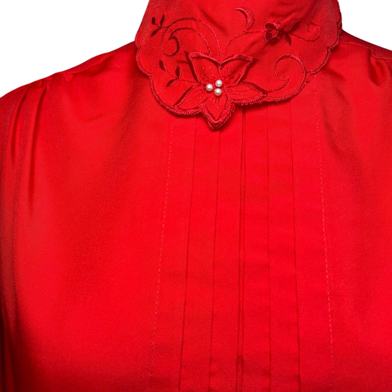 VTG 80s Claudia L Red Poinsettia Holiday Blouse Romantic Retro Twee Coquette
