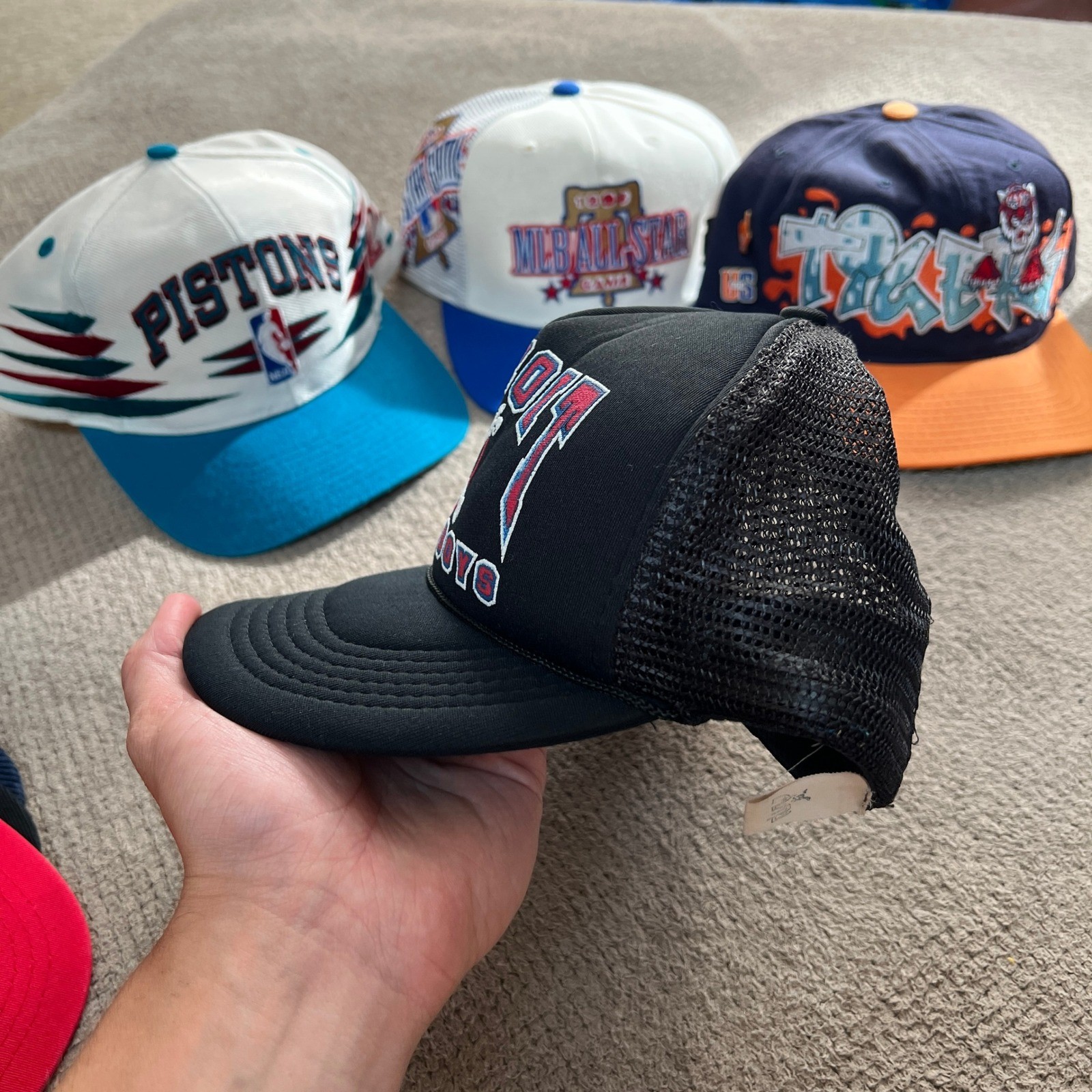 Vintage 1990s Detroit Bad Boys Skull Mesh Trucker Hat Black Adjustable Snapback