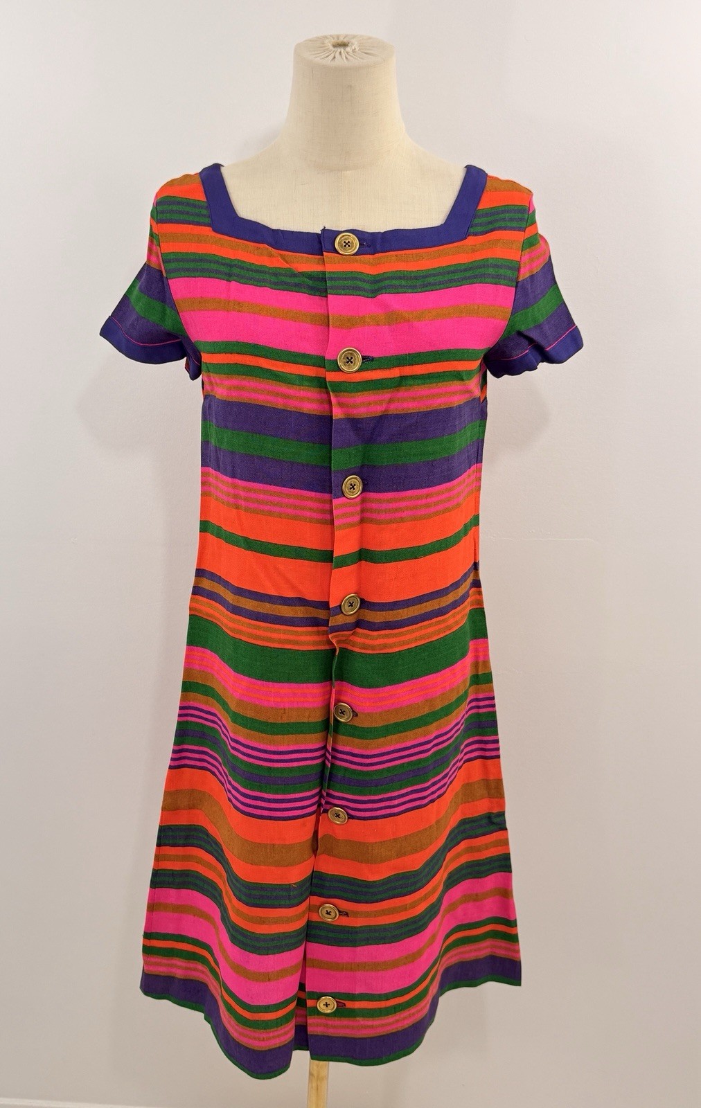 Vintage 1960s Gay Gibson Rainbow Stripe Shift Sheath Dress Mod GoGo Button Up