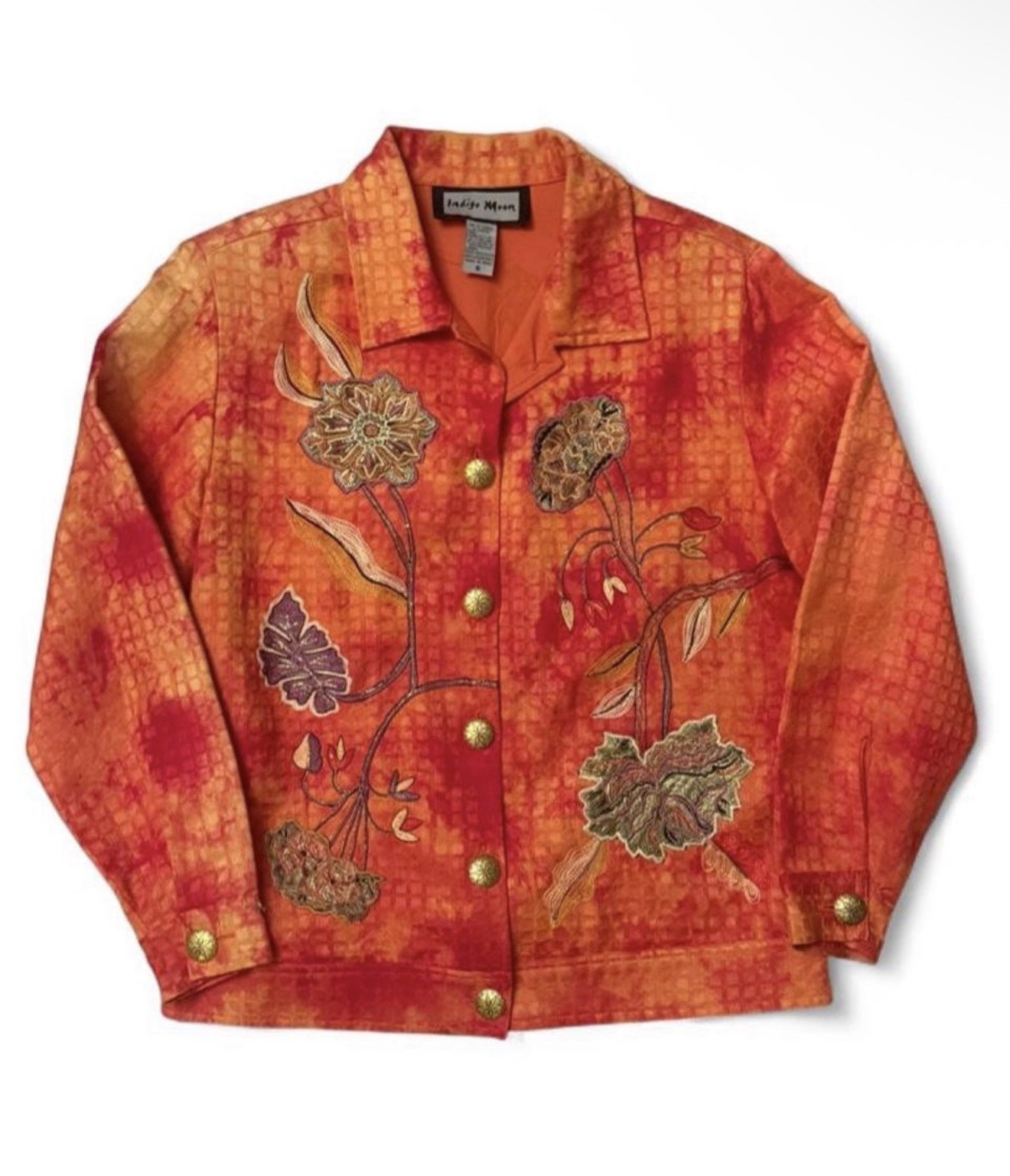 Vintage Índigo Moon Orange Textured Embroidered Jacket Metallic Floral 90’s S