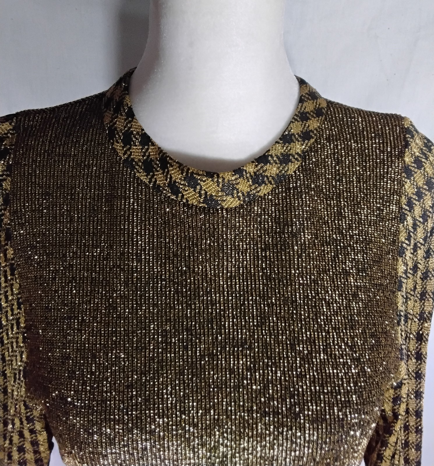 Vtg 60s 70s Tannel Knits Gold & Black Maxi Dress Long Sleeves Sz 12 USA