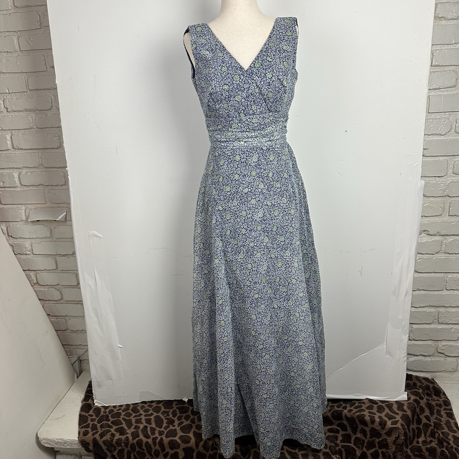 Vtg Miss Elliette Maxi Dress Garden Party Blue Floral Cottage 60s 70s Boho XS