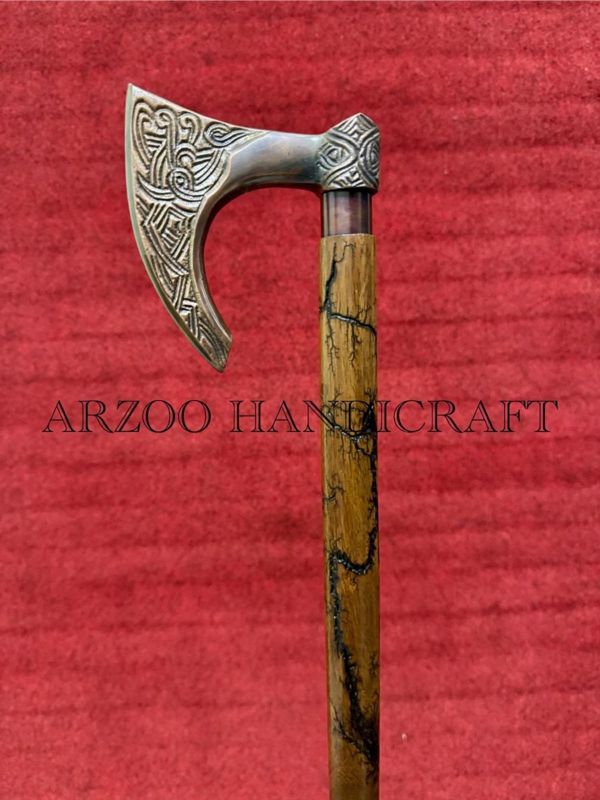Viking Axe Head Handle 3 Fold Wooden Walking Stick Carved Cane Decor Gift Item