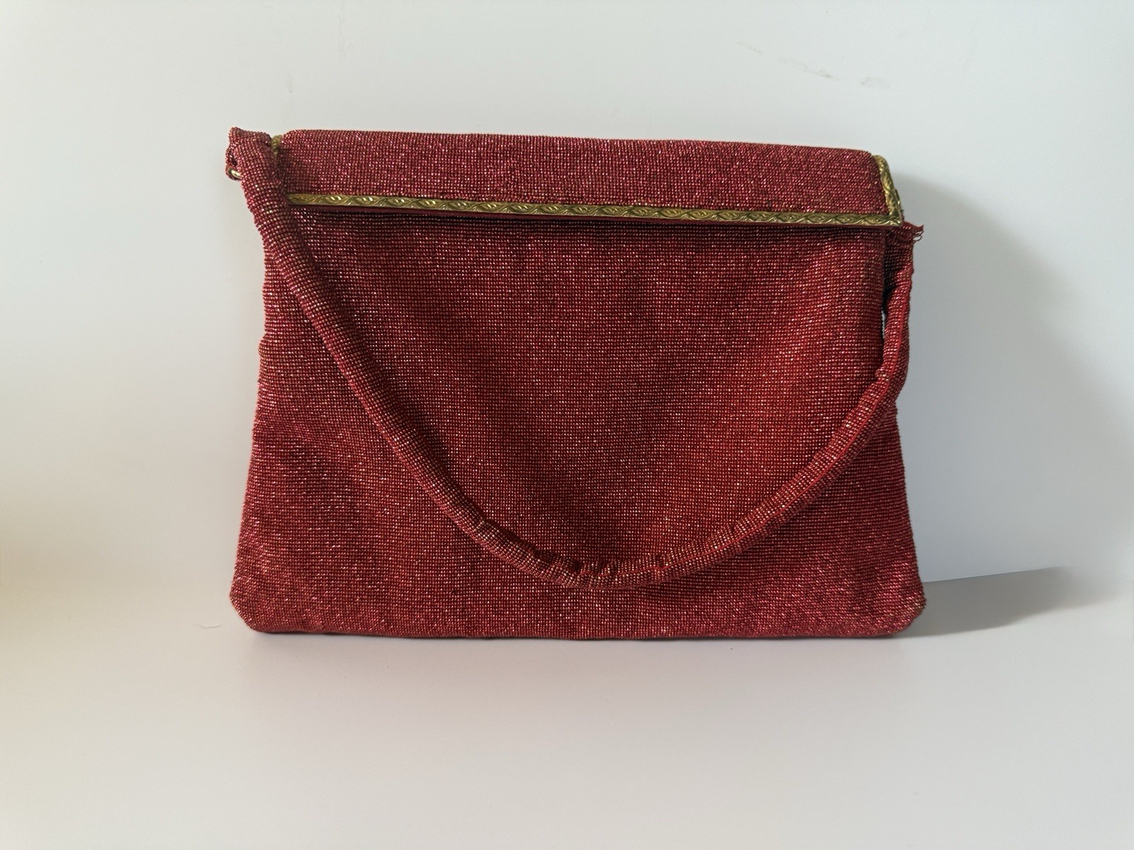 Vintage French Red Metallic Mesh Clutch Silk Lining 9×6.5