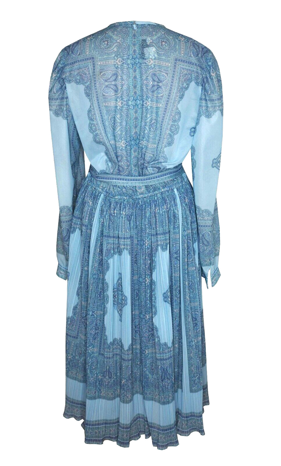 Vintage HAL FERMAN 8 10 Dress Blue Paisley Pleated Long Sleeve Tied Waist 70s