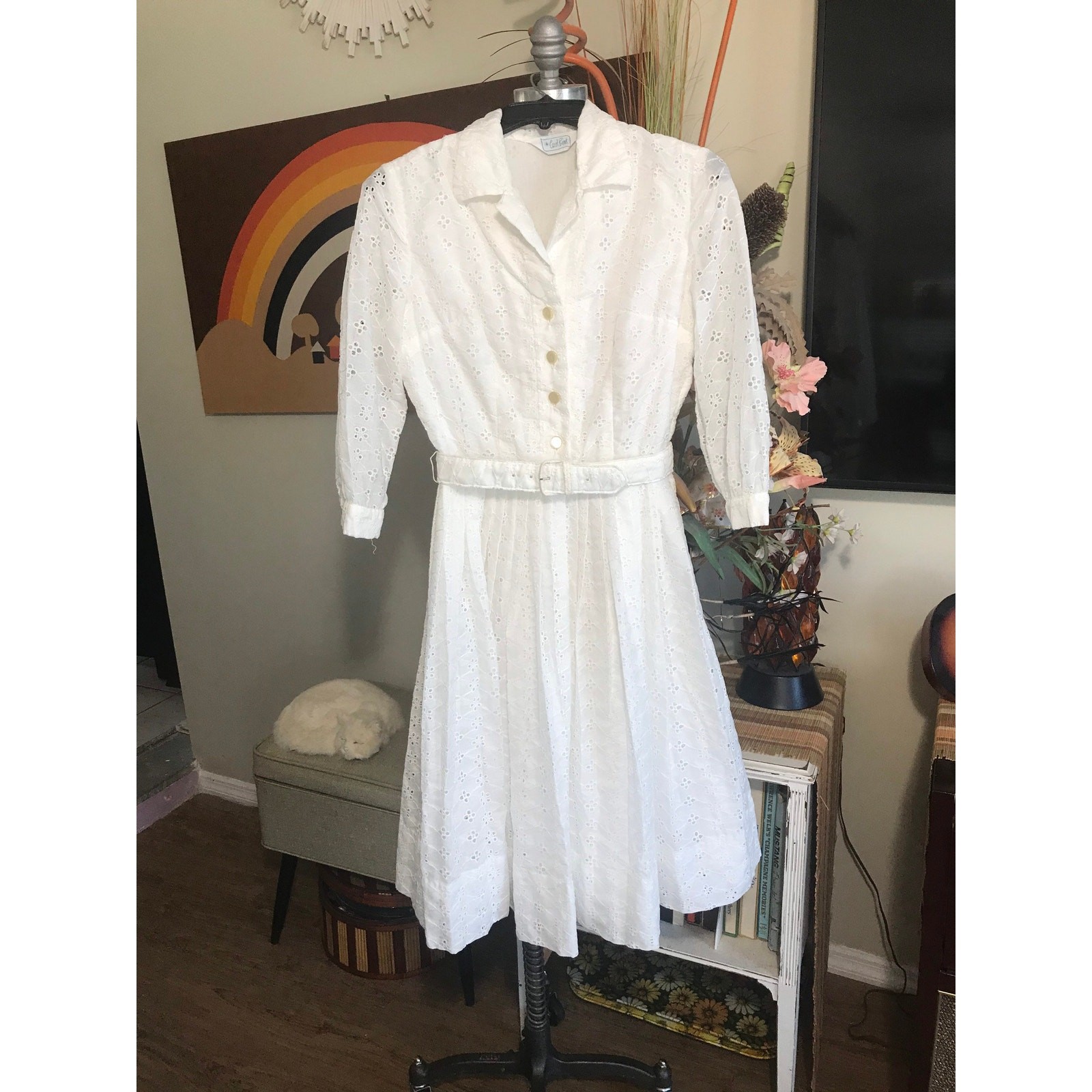 Vintage 1950s Carol Brent White Eyelet Circle Dress Cinch Waist Long Sleeve Belt