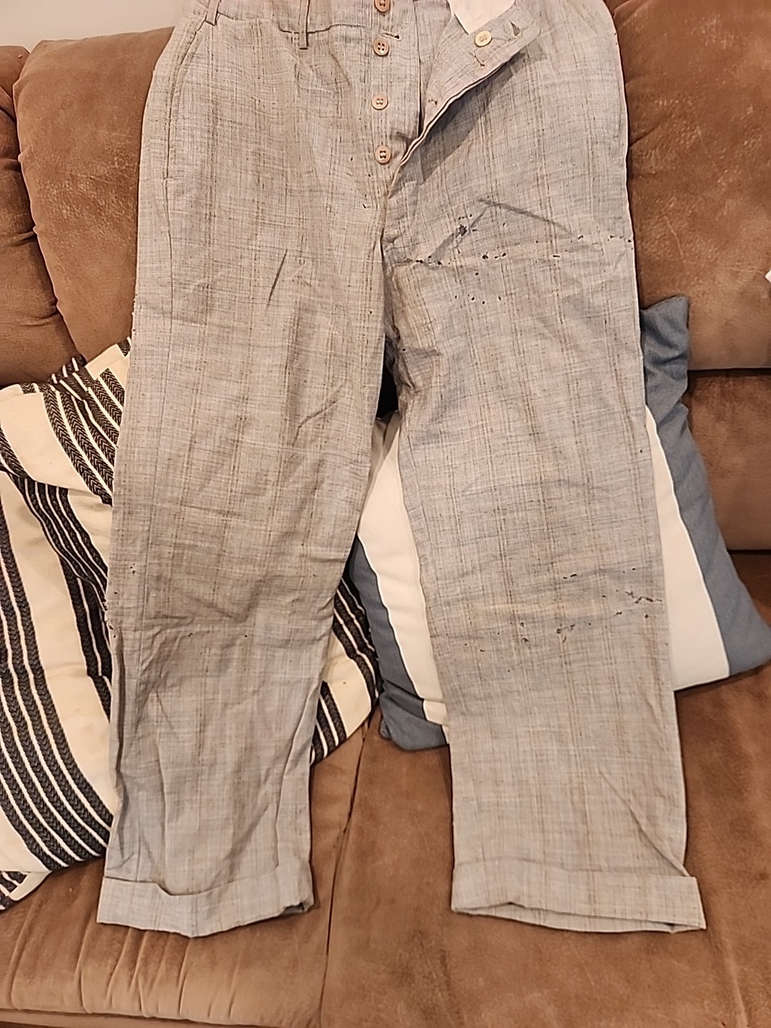 vintage gray/blue plaid 40’s 50’s pants lightweight 30 1/2″ w 28″L damaged