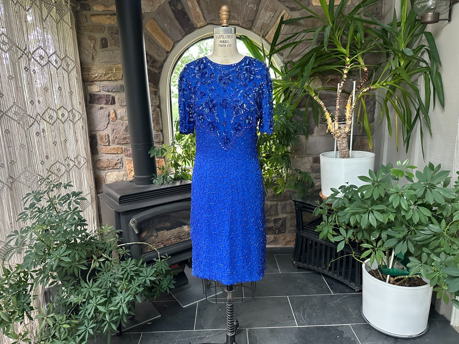 Vintage 1980s Royal Blue Bead Sequin Formal Evening Dress Silky Nites By Cherish