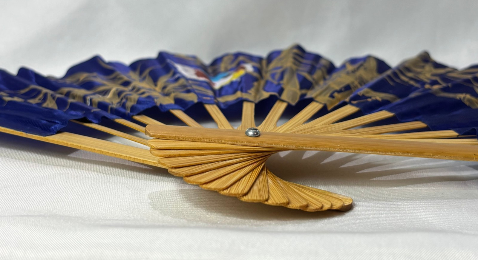 Blue Synthetic Folding Fan Hand Painted Gold Leaves & Bird Bamboo Thailand