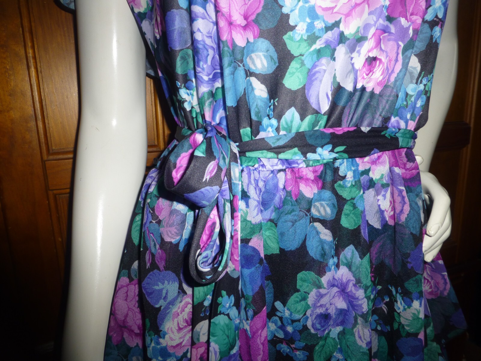 Vtg 80s Silky jersey English rose Print Cape boho Garden belted midi Dress L