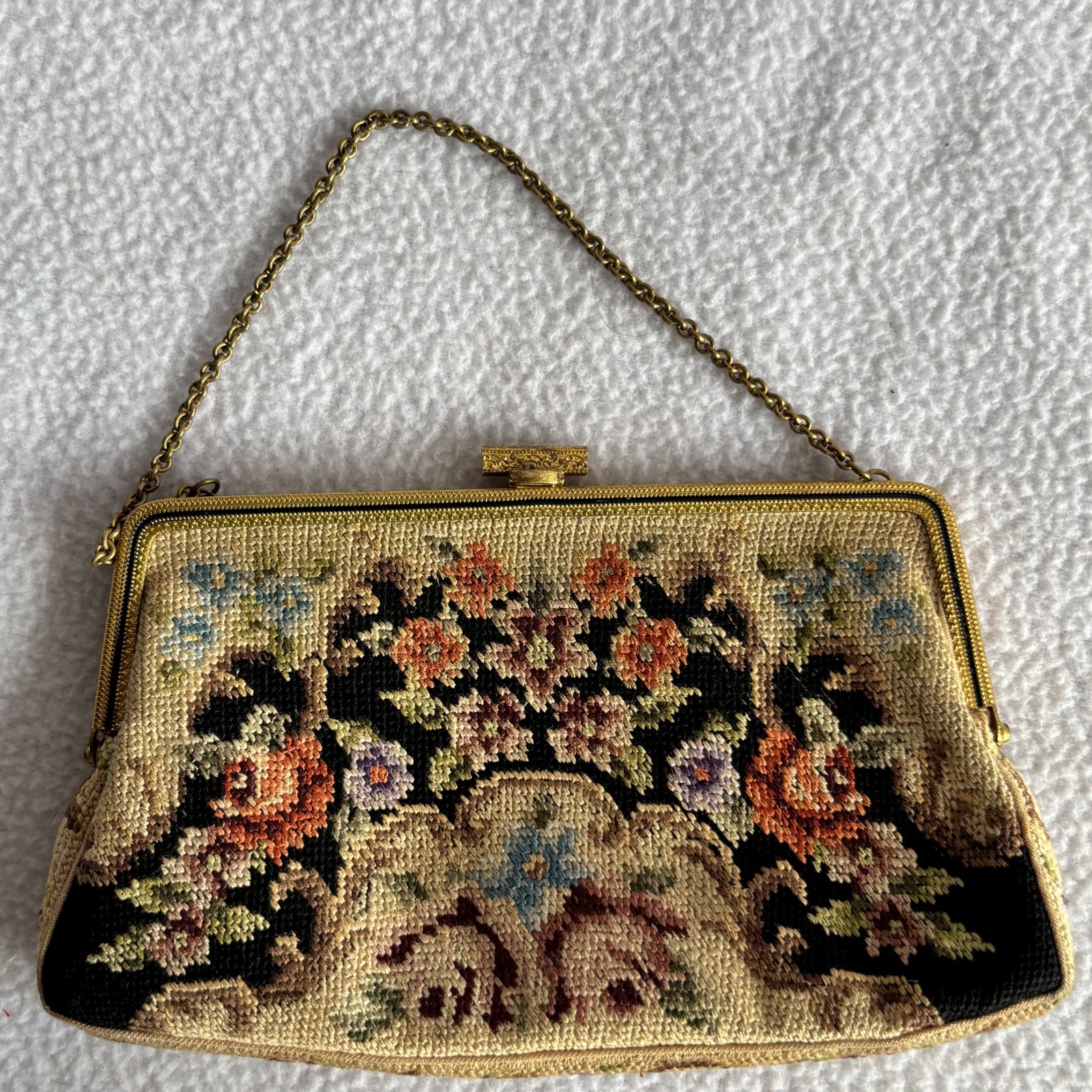Vintage Needlepoint Floral Tapestry Evening Bag Handbag Purse Czechoslovakia