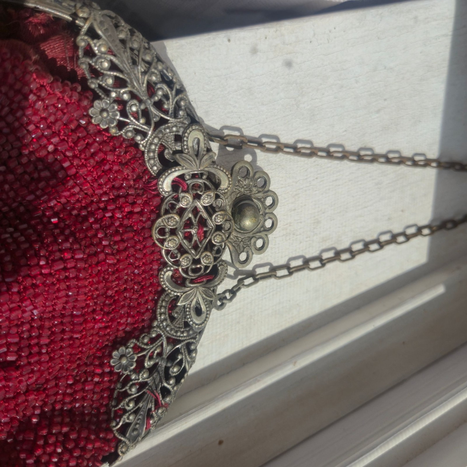 Antique Red Beaded Pouch Purse Ornate Brass Filigree Kiss Lock Reticule Tassel B