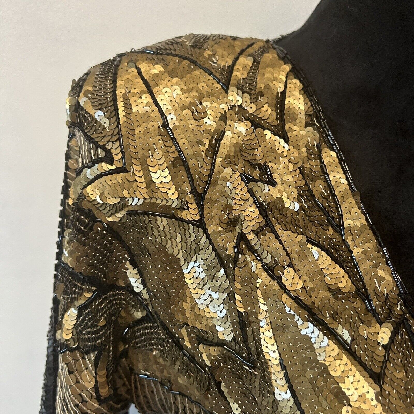 VTG Sequin Gown Dress 100% Silk 90s Black Gold Ruched V Neck Mob Wife Disco