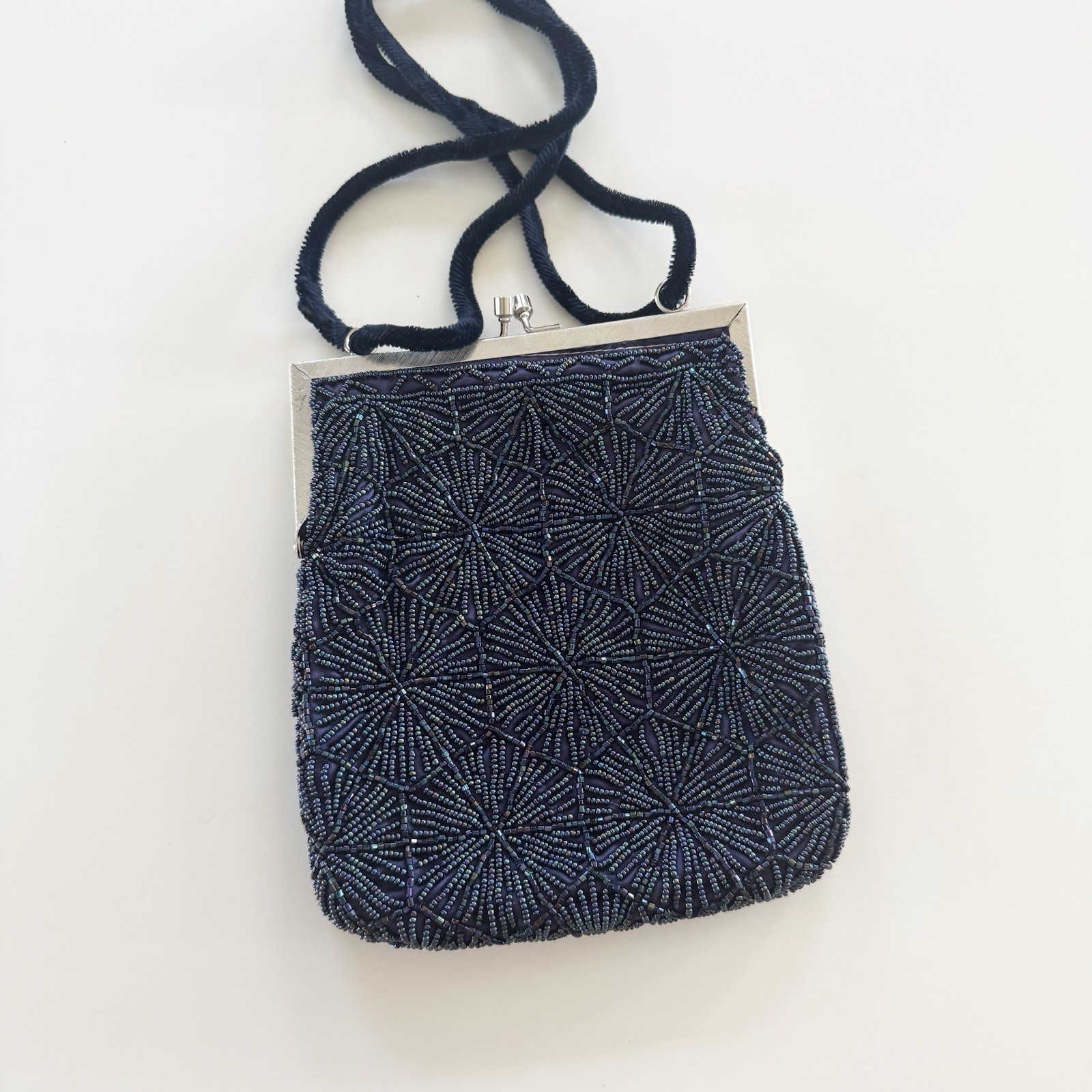 Vintage Navy Blue Beaded Evening Purse With Multi Use Strap Made In China