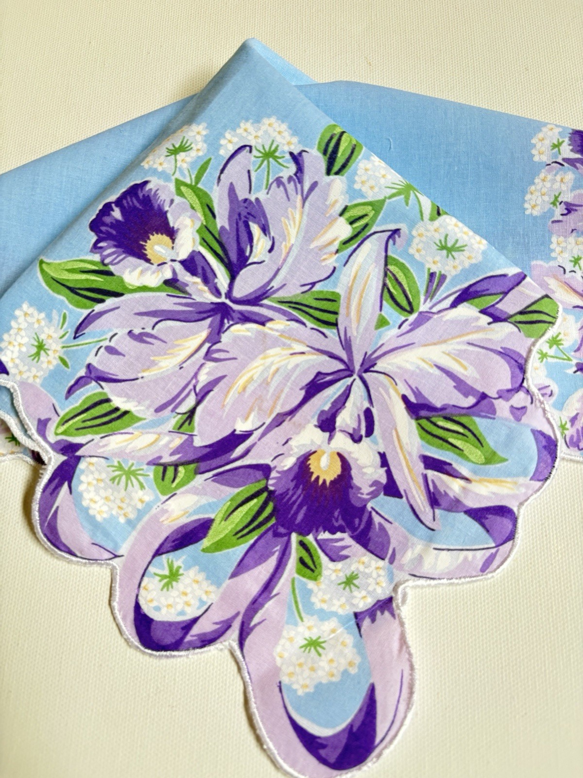 Stunning New LuRay Purple IRIS Handkerchief Hankie With Lovely Scalloped Border