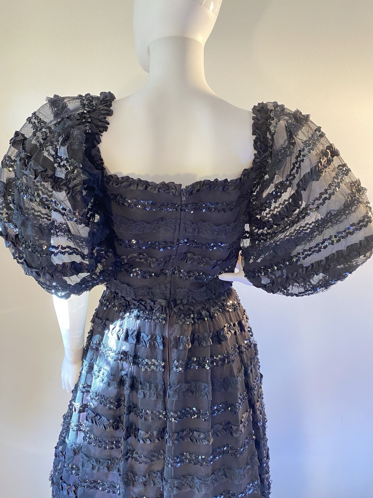 Vintage Lillie Rubin 1970’s Fit And Flair Sequin And Sheer Overlay Gown, Ex Con