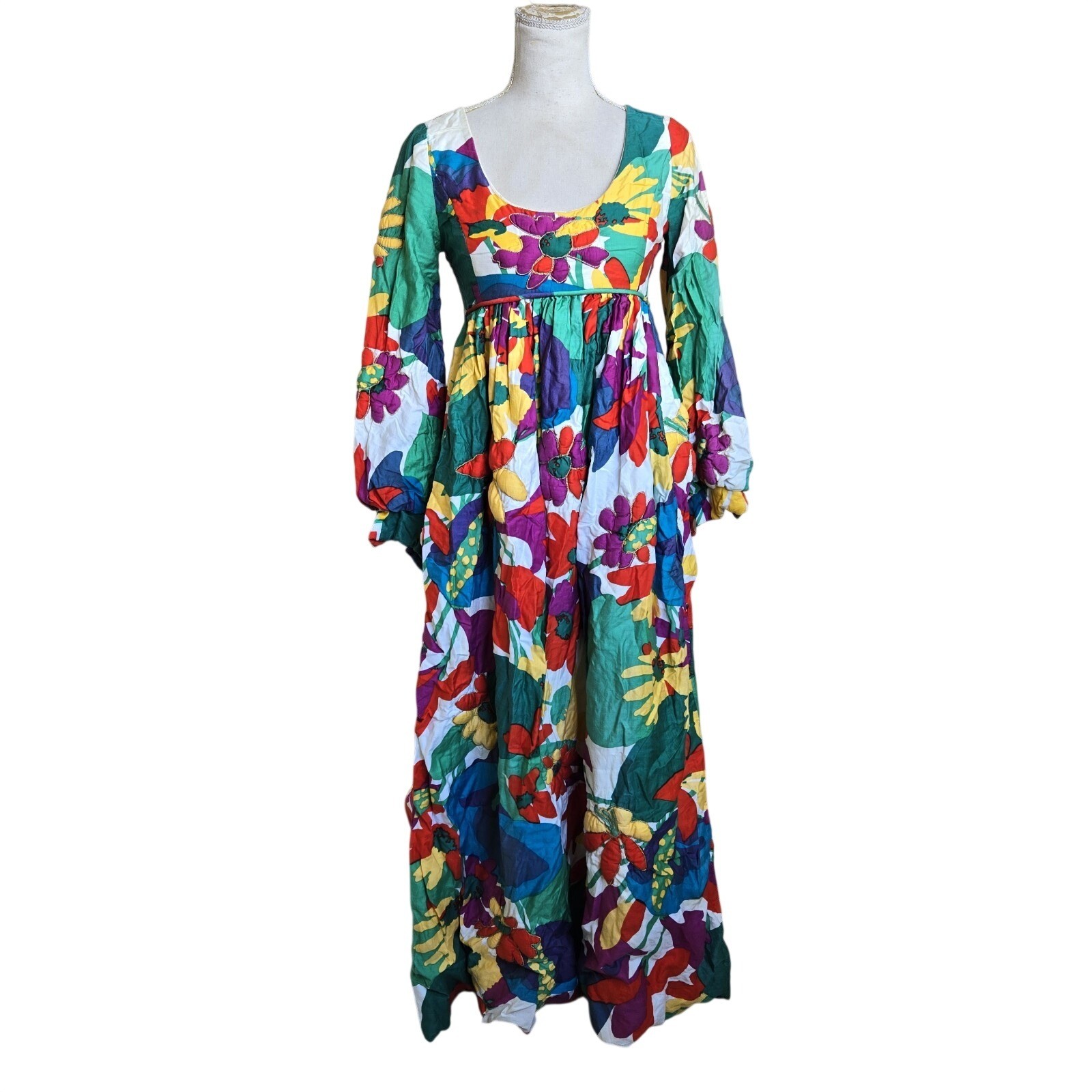 Vtg 1970s Floral Maxi Dress Psychedelic Puff Sleeve Boho Hippie Festival Small