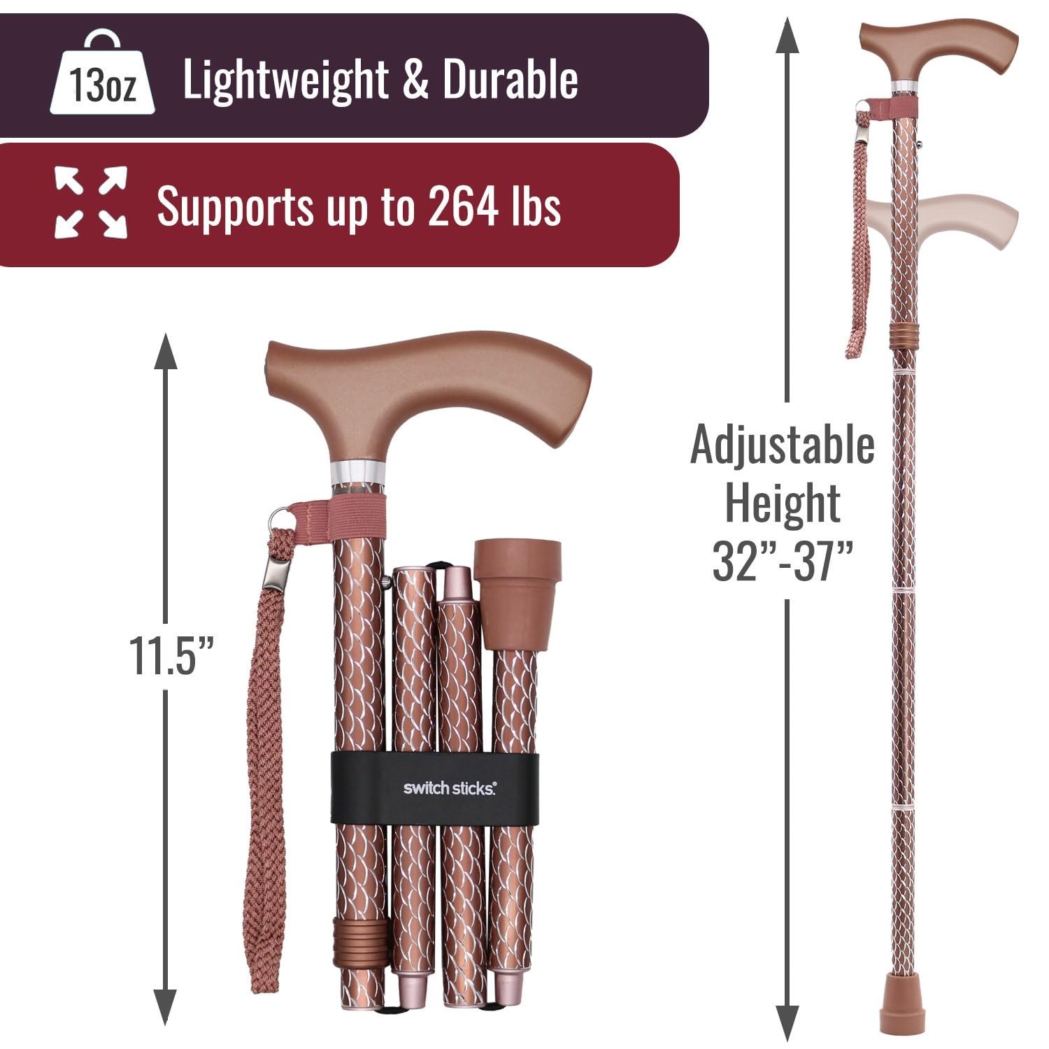 Switch Sticks Folding Walking Cane For Women & Men Engraved Rose Gold