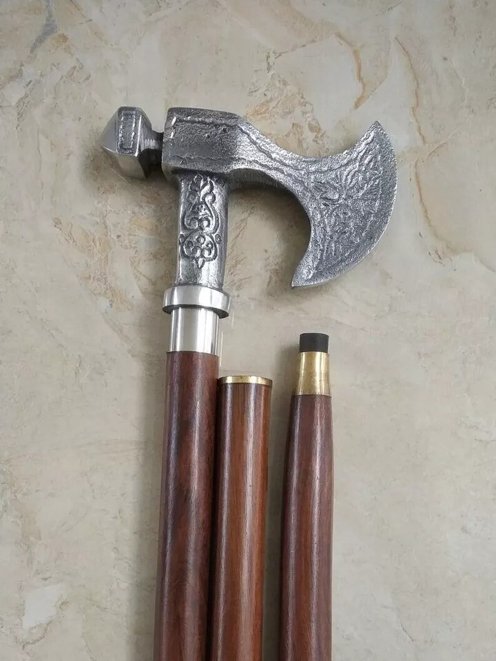 Viking Axe Head Walking Stick – Medieval Style Wooden Cane – 36″ Collectible
