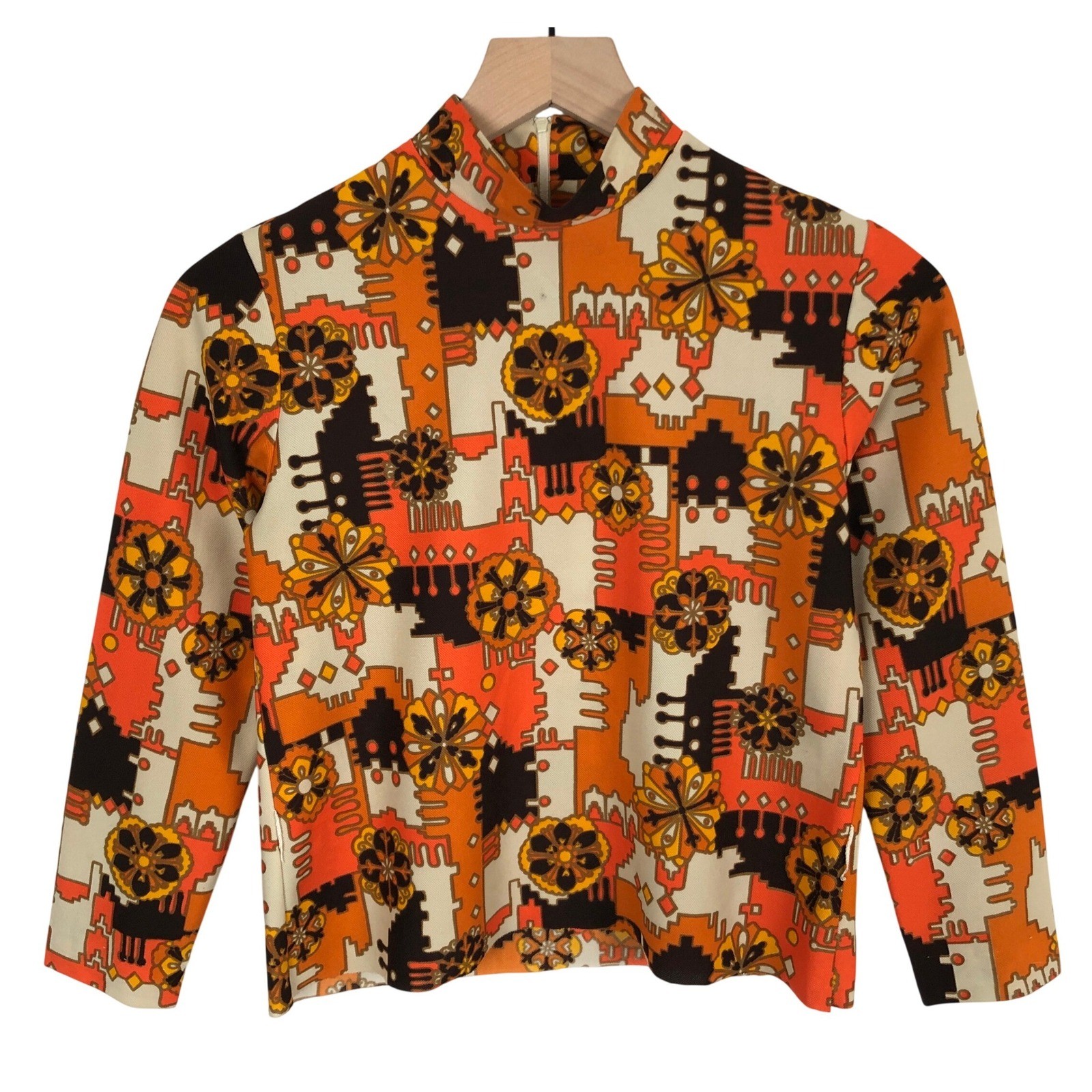 VTG 60s 70s Capital Blouse Psychedelic Mod Mock Neck Top Sz S Cropped 3/4 Sleeve