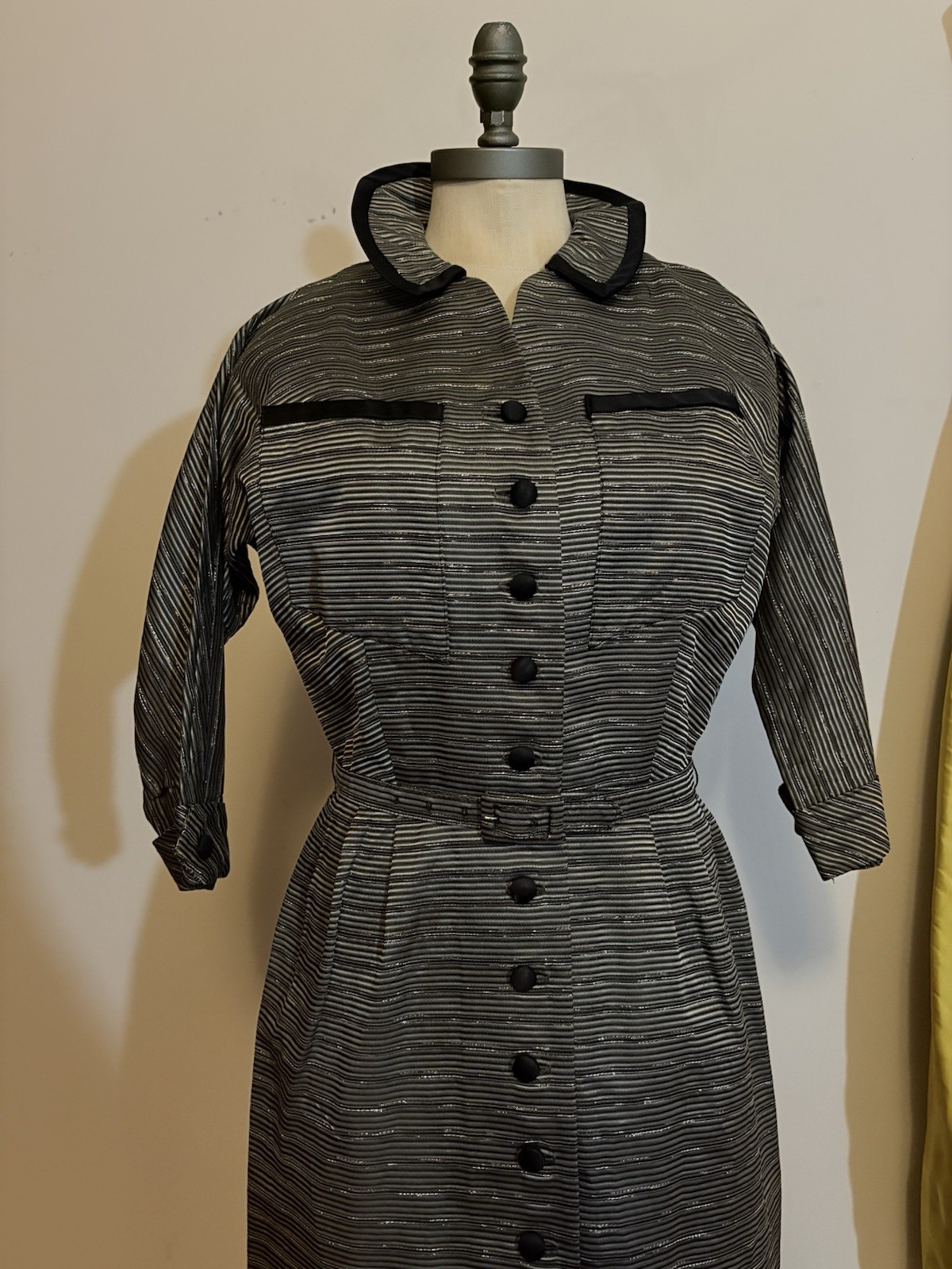 Vintage 1950s Women’s Black & Silver Striped Button Up Dress Dolman Sleeves