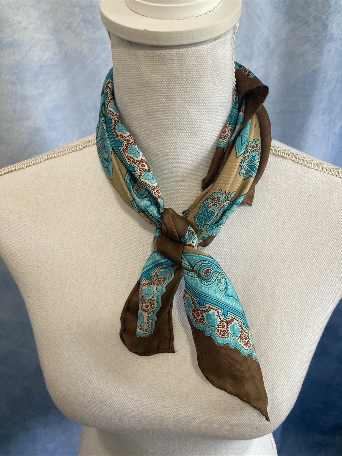 VTG 70s GLENTY Geometric Paisley Silk Scarf Blue Brown Hand Rolled Edge 22.5”