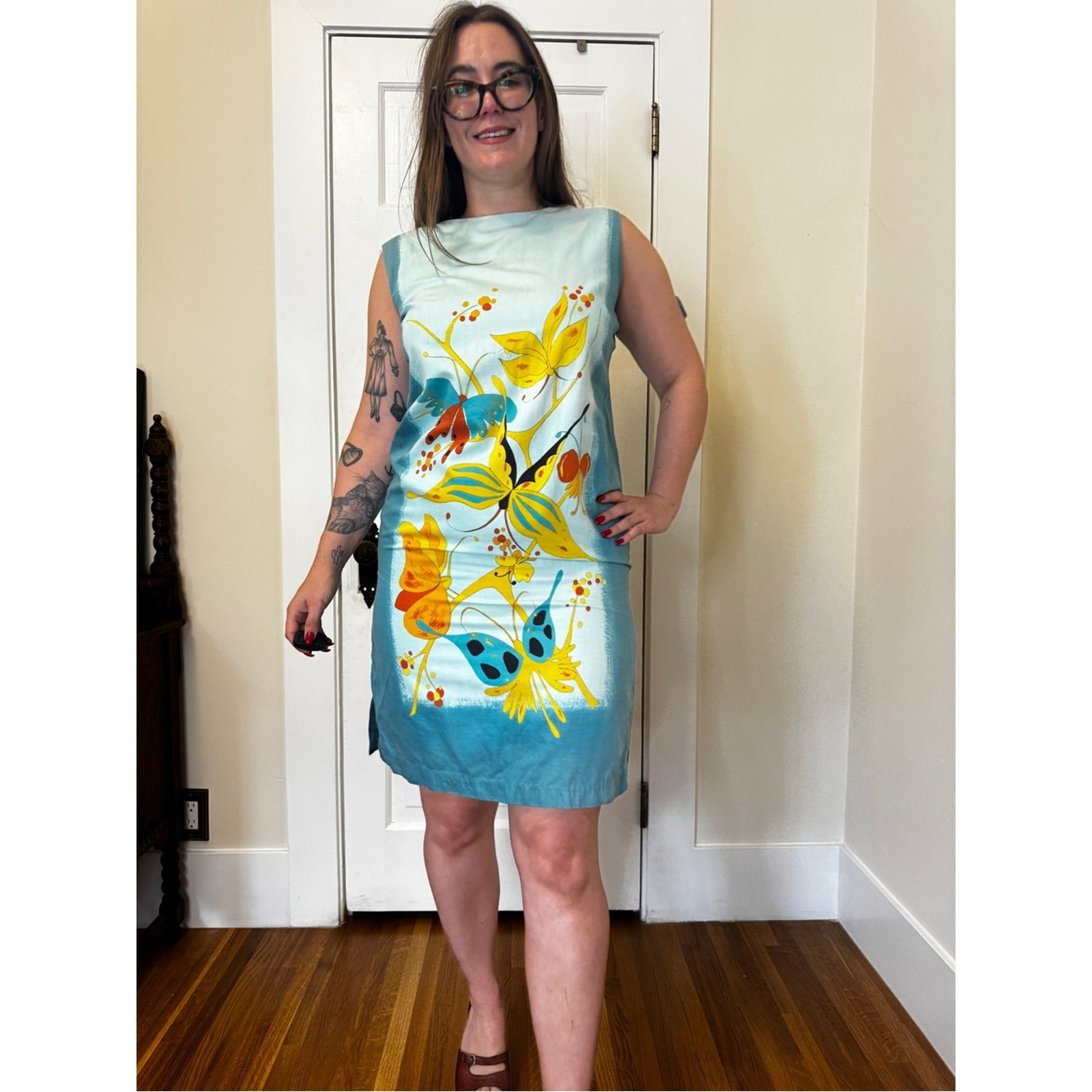 60s Vintage Alice Polynesian Blue Butterfly Shift Dress Sz Large