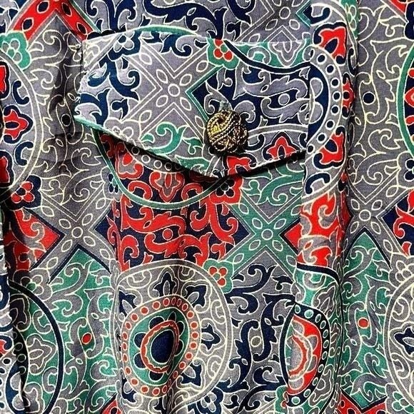 80s Vintage Leslie Fay Shirtwaist Dress Size 14P Pleated Bohemian Medallion