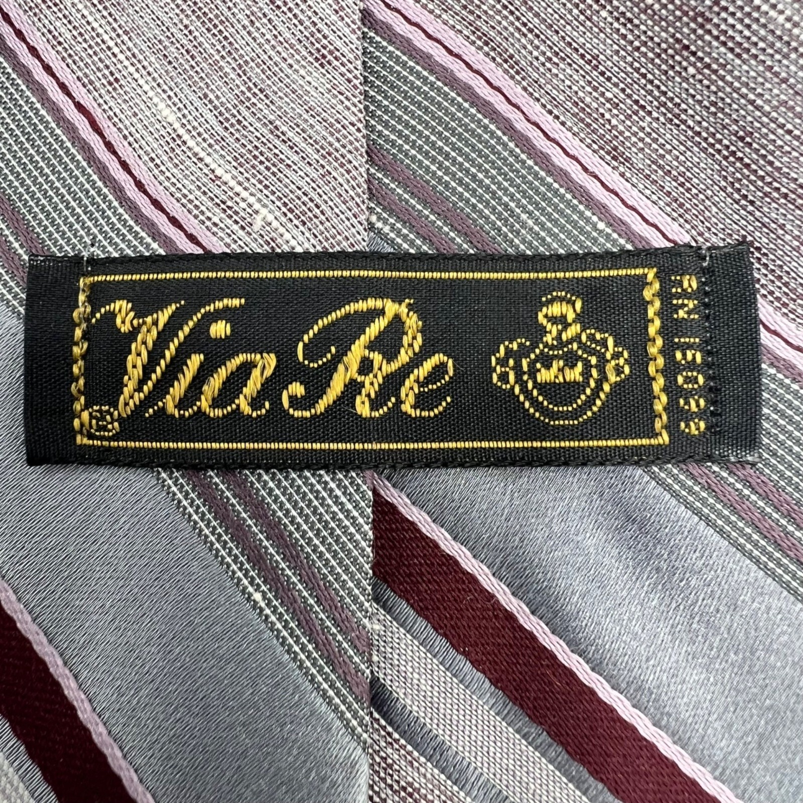 Vintage 1970s “Via Re” Men’s Embroidered Crest Regimental Striped Silver Tie