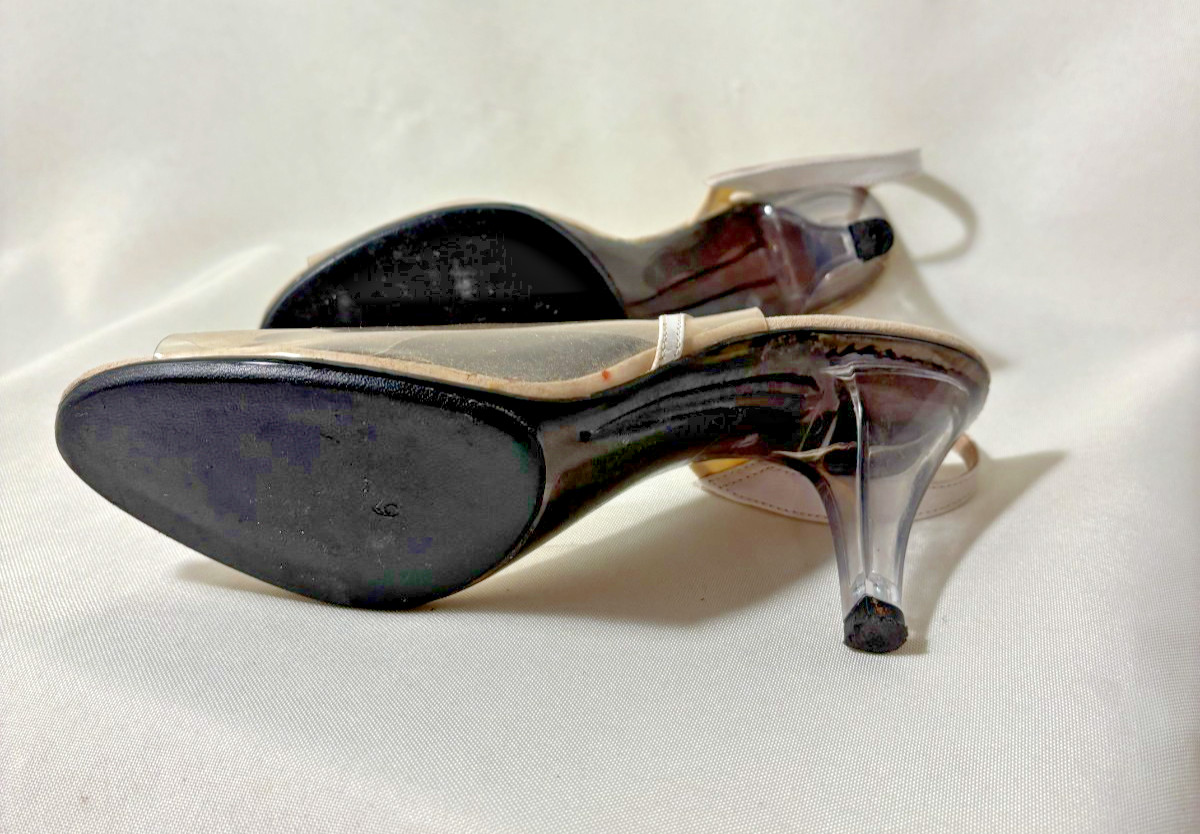 Vintage sz. 6 Roberta Onex Clear gold white Heel Peep Toe High Heel Shoes (H114)