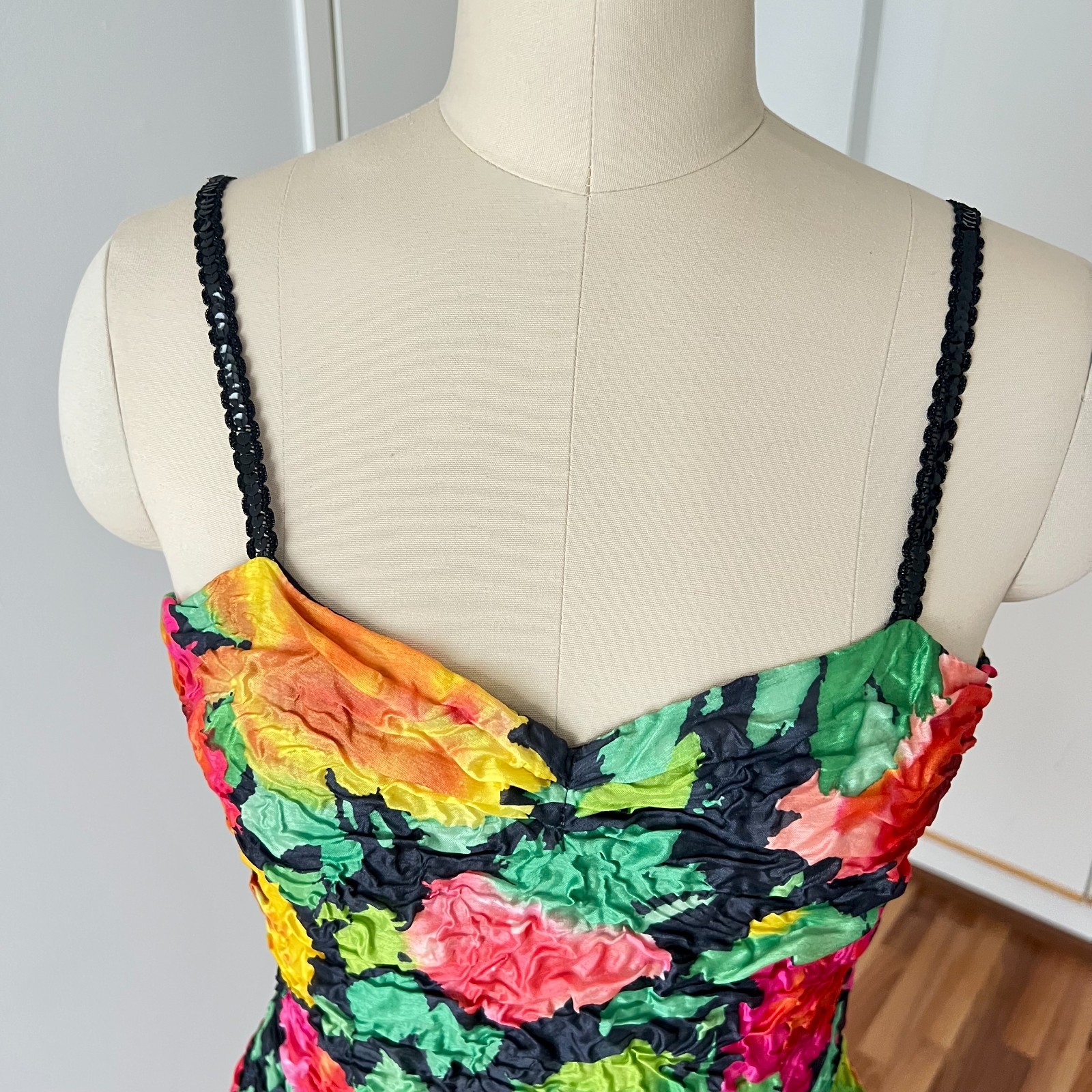 1980s Floral Taffeta Cocktail Party Dress Tiered Retro Prom Evening Gown Retro