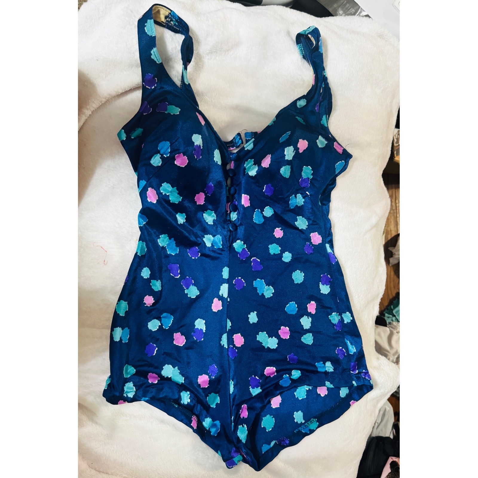 Maxine of Hollywood Vintage One Piece Swimsuit Navy Blue Abstract Polka Dot 16