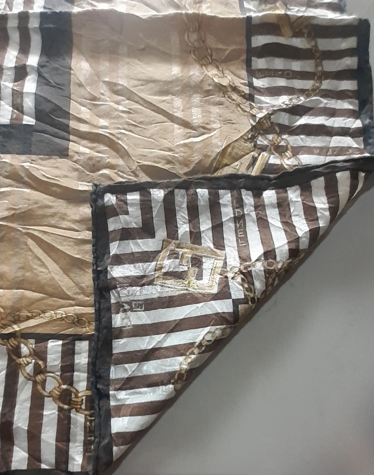 Vintage Fendi FF Zucca Handkerchief Scarf 22×21.5 Brown Gold Chain Print Cotton