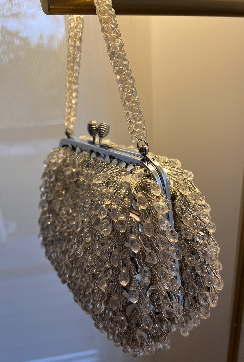 Vtg Beaded HandBag Silver & Clear Evening Purse Hong Kong Prom Wedding 60s 70s