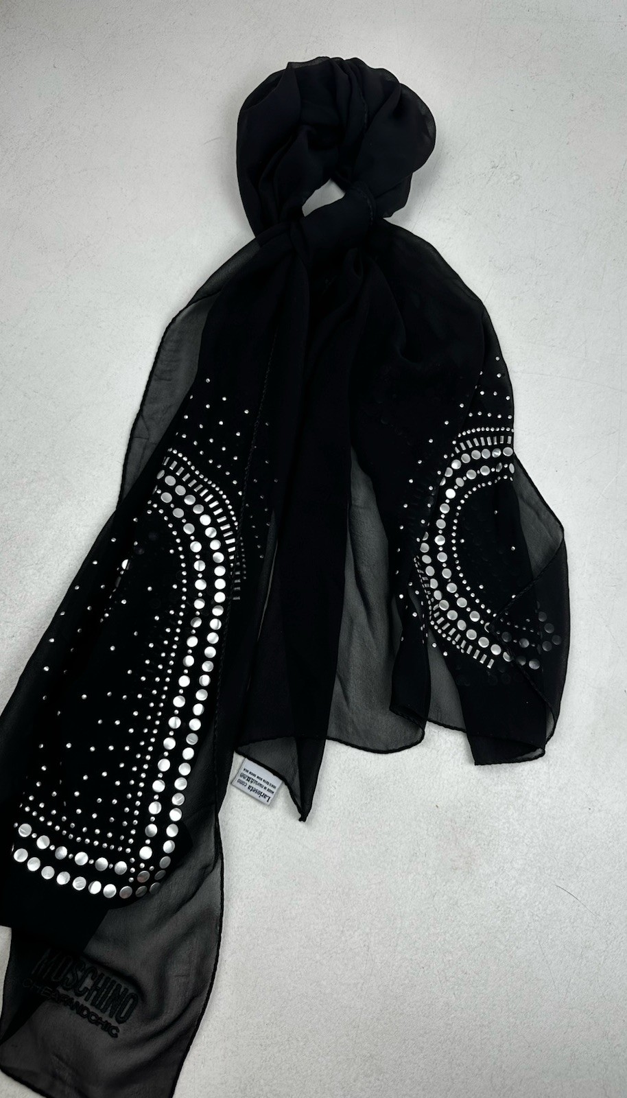 Moschino Cheap & Chic Black Silk Scarf With Studded Hearts
