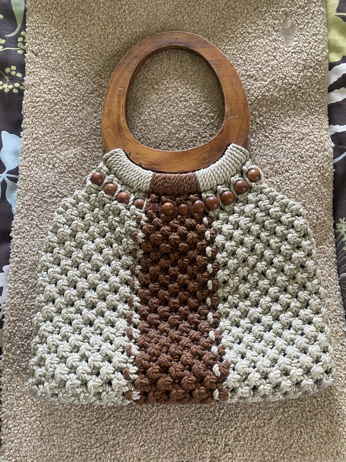 Vintage Macrame Purse handbag Wooden Handles & wooden Beads retro hippie boho
