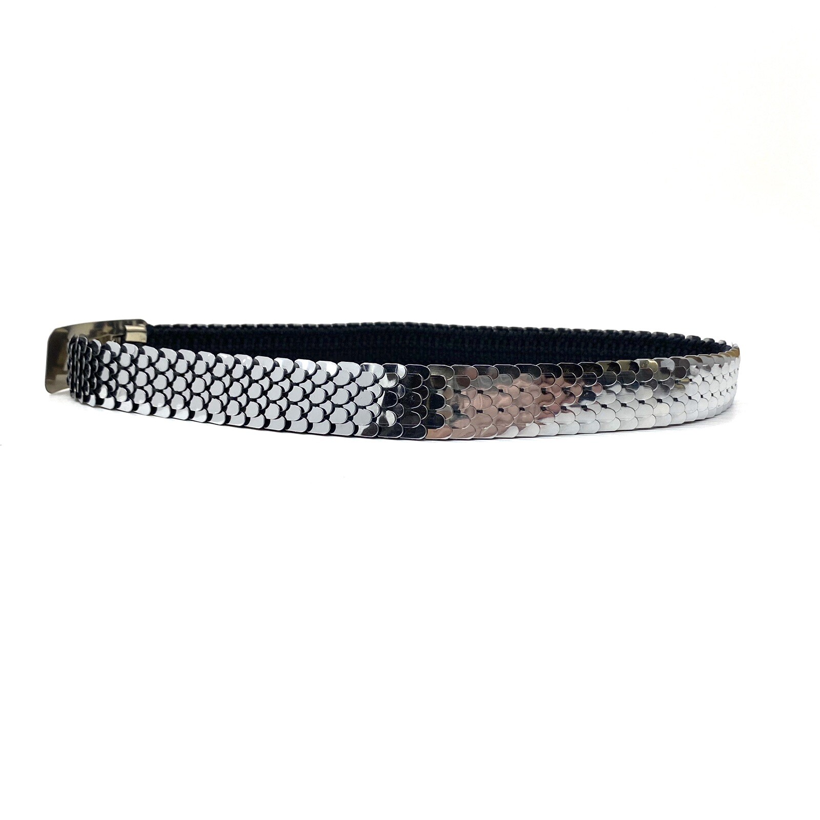 Vtg Stretch Cinch Waist Belt Mermaid Scales DARK SILVER GRAY METALLIC