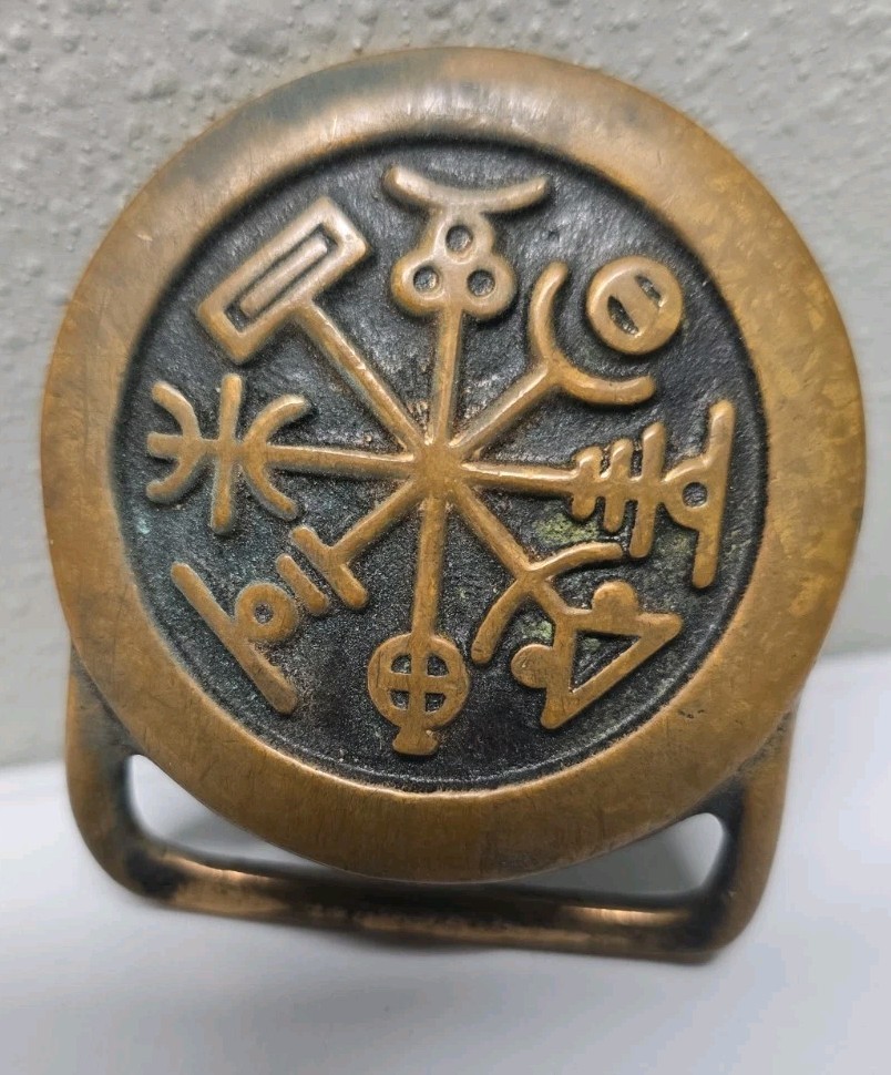Vintage Brass Belt Buckle “RHUNE” Tech Ether Guild 1974, Viking Nordic Mystical