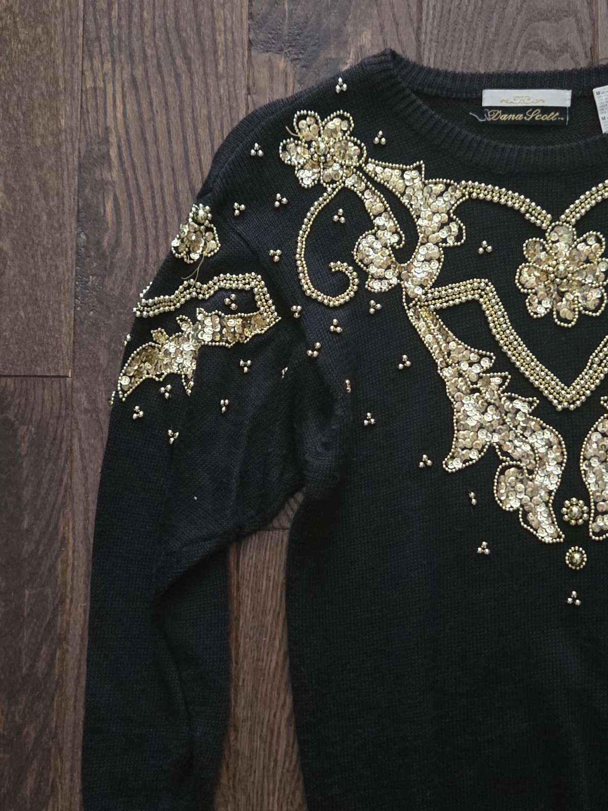 🍾Vintage Dana Scott Black Gold Sequin Beaded Sweater Medium Ramie Glam Holiday